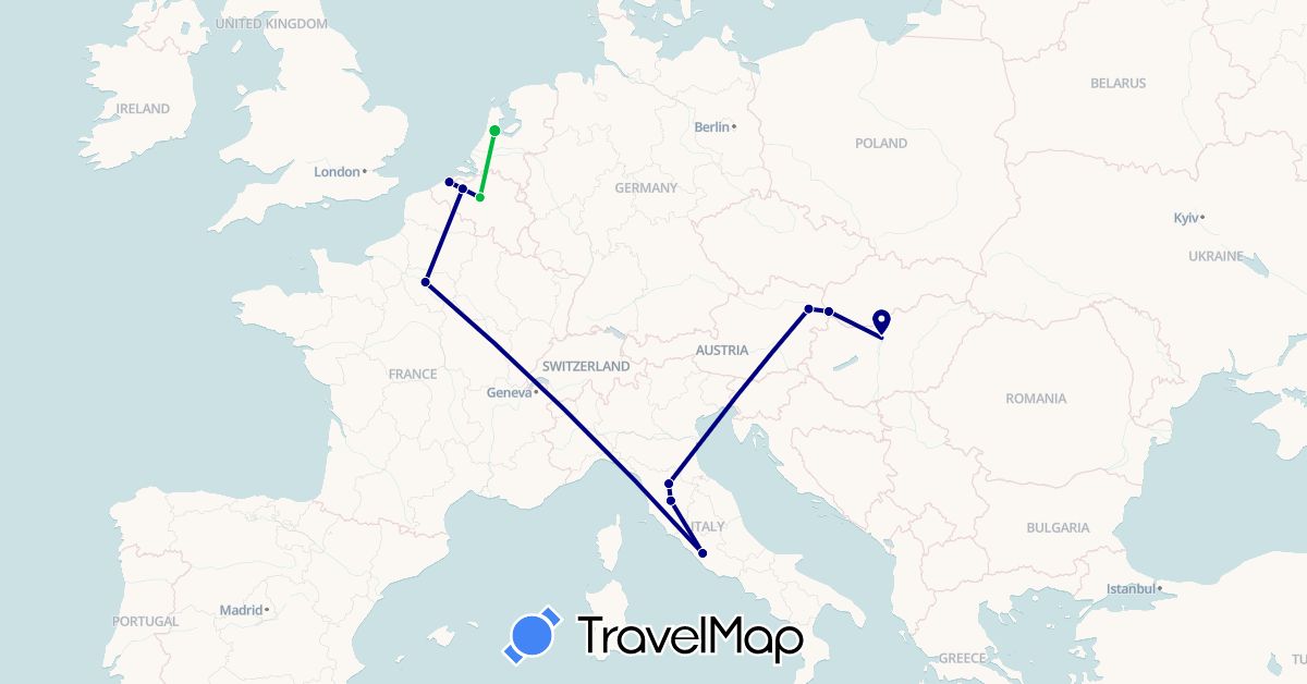 TravelMap itinerary: driving, bus in Austria, Belgium, France, Hungary, Italy, Netherlands, Slovakia (Europe)
